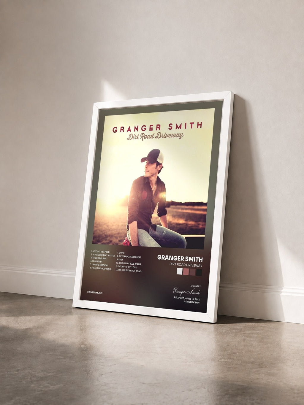 #blanc Tableau de l'album Dirt Road Driveway de Granger Smith vu de trois quarts, cadre blanc