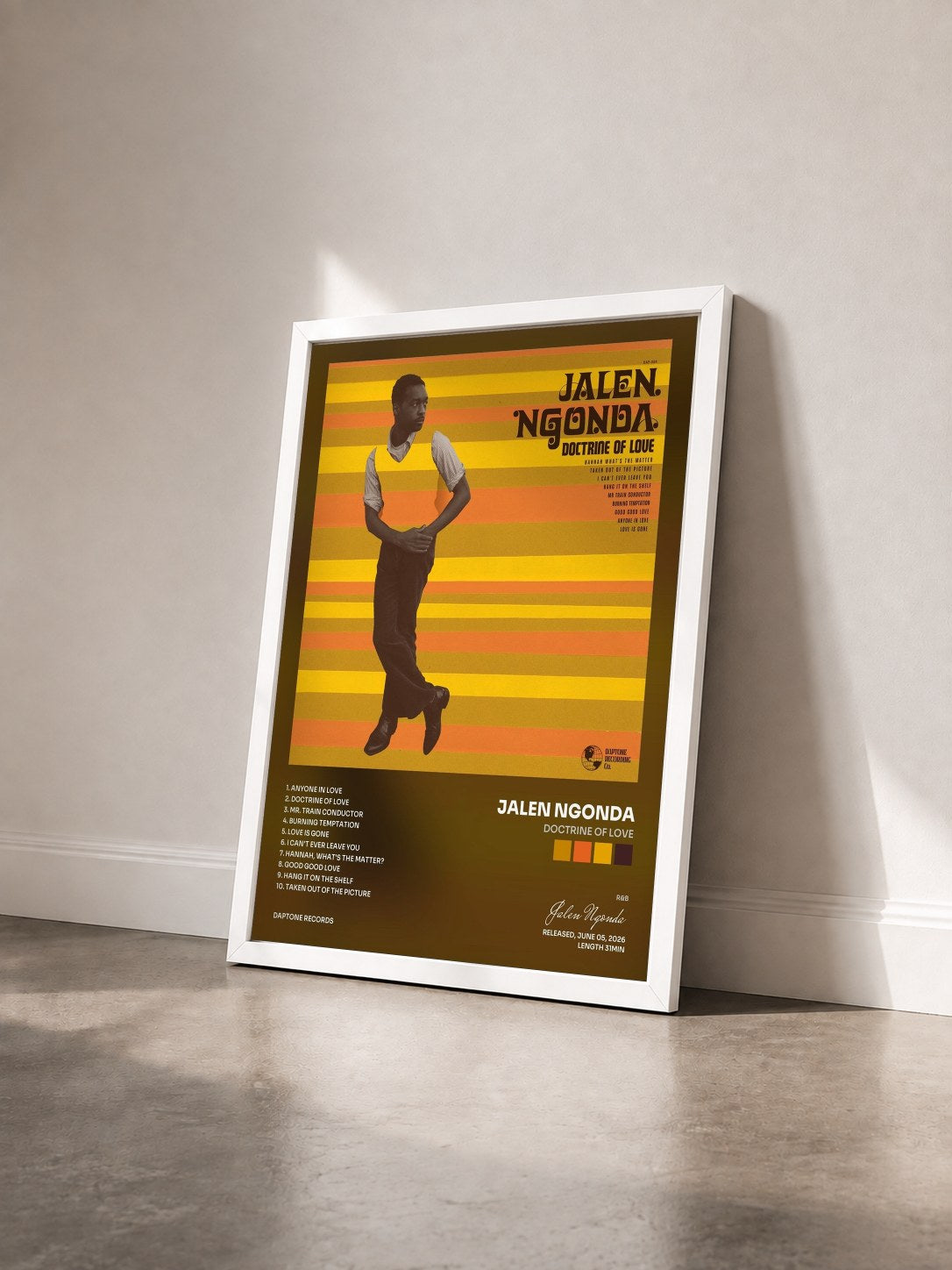 #blanc Tableau de l'album Doctrine of Love de Jalen Ngonda vu de trois quarts, cadre blanc