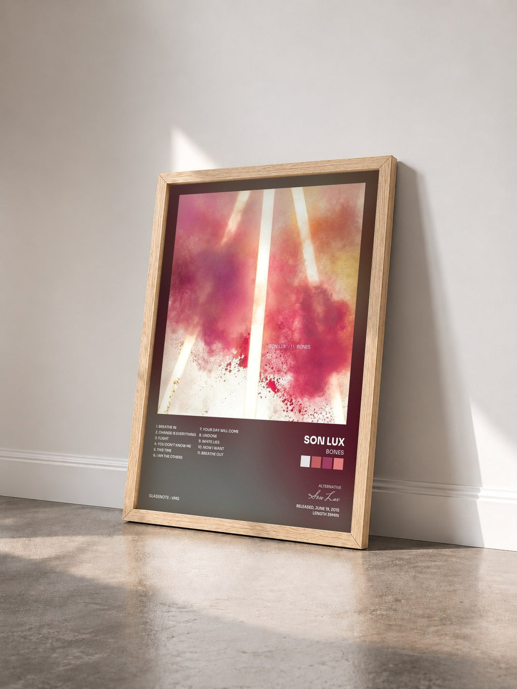 #bois Tableau de l'album Bones de Son Lux vu de trois quarts, cadre en bois brut