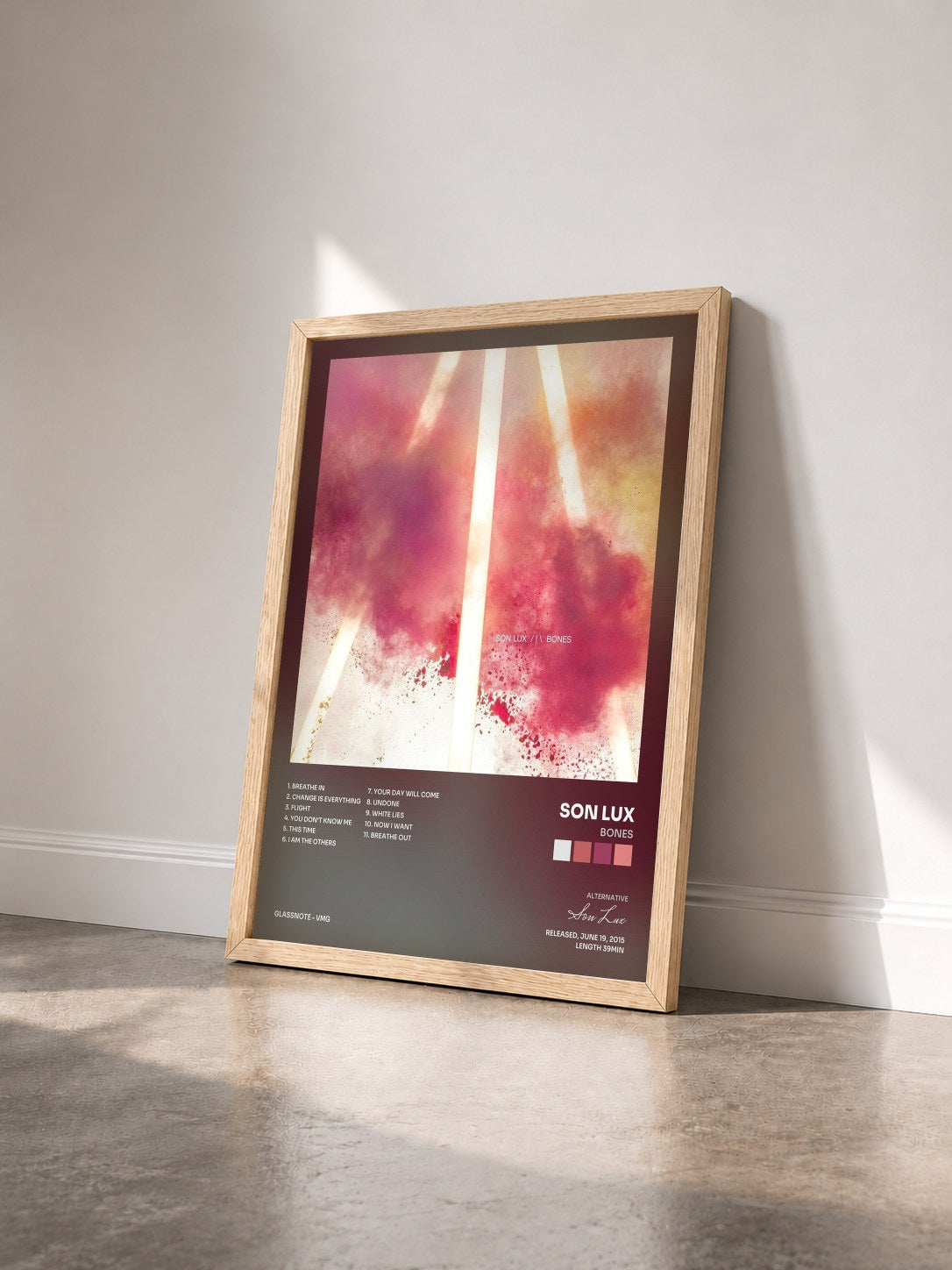 #bois Tableau de l'album Bones de Son Lux vu de trois quarts, cadre en bois brut