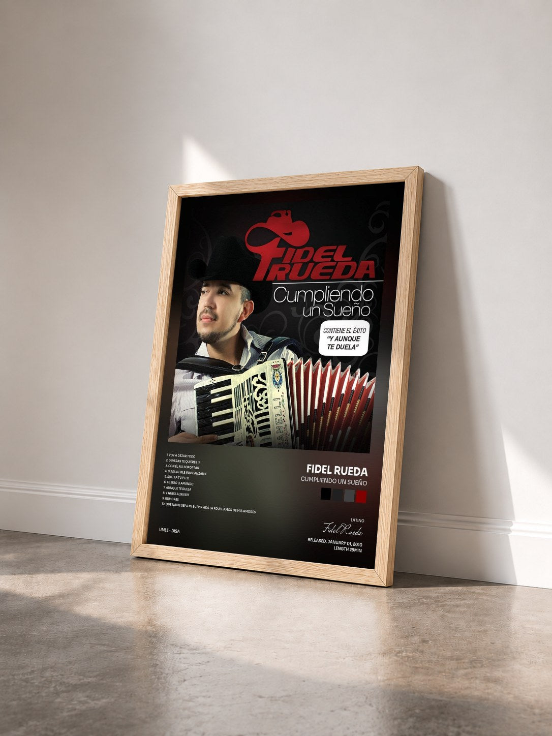 #bois Tableau de l'album Cumpliendo Un Sueño de Fidel Rueda vu de trois quarts, cadre en bois brut