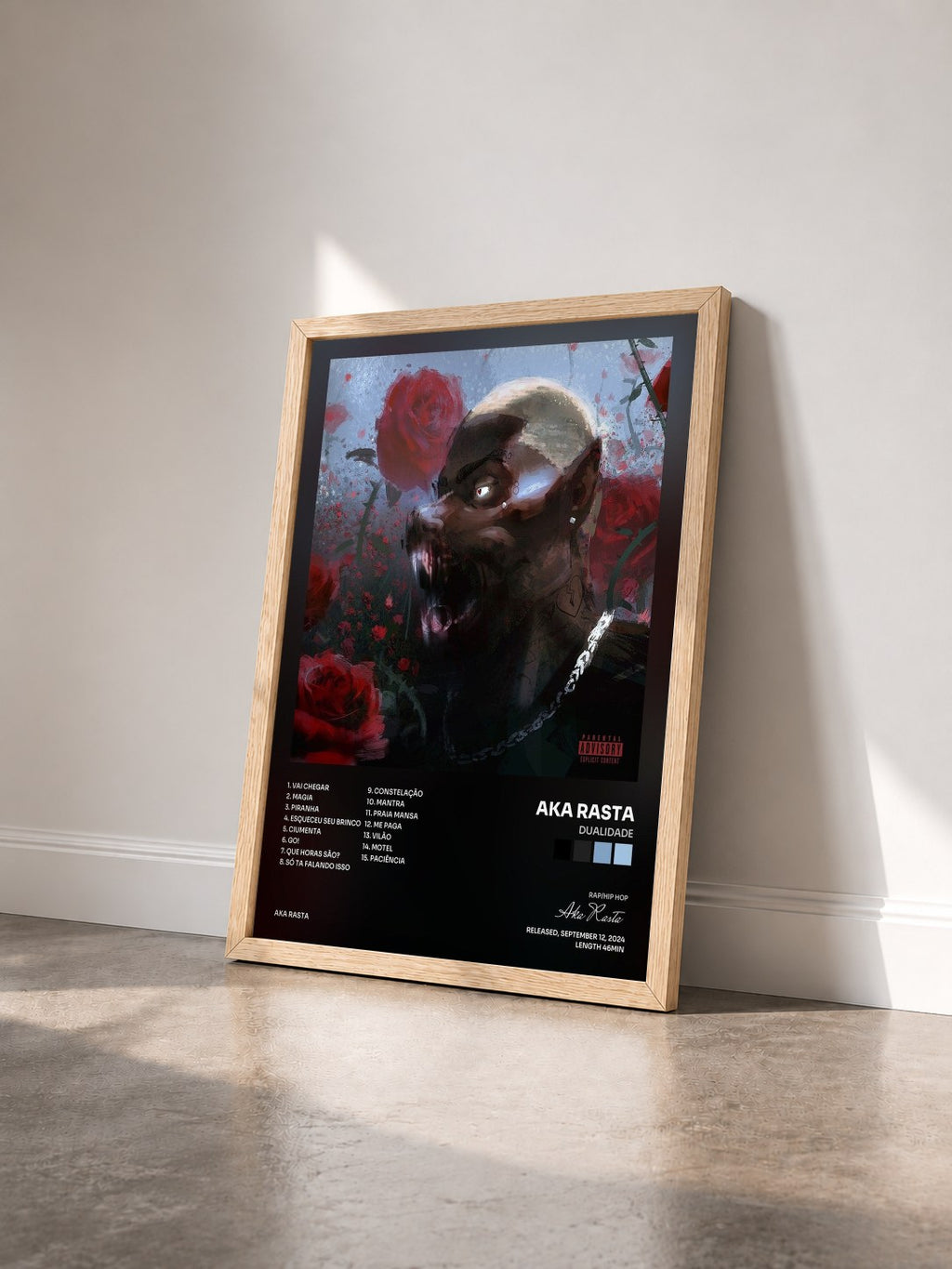 #bois Tableau de l'album DUALIDADE de Aka Rasta vu de trois quarts, cadre en bois brut