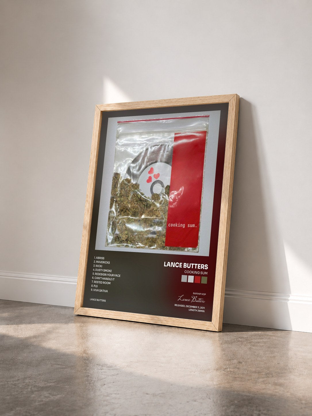 #bois Tableau de l'album Cooking Sum de Lance Butters vu de trois quarts, cadre en bois brut