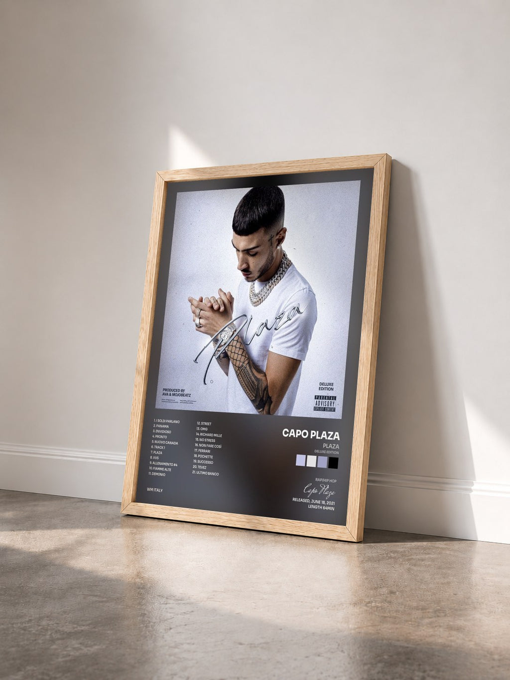 #bois Tableau de l'album PLAZA (Deluxe Edition) de Capo Plaza vu de trois quarts, cadre en bois brut