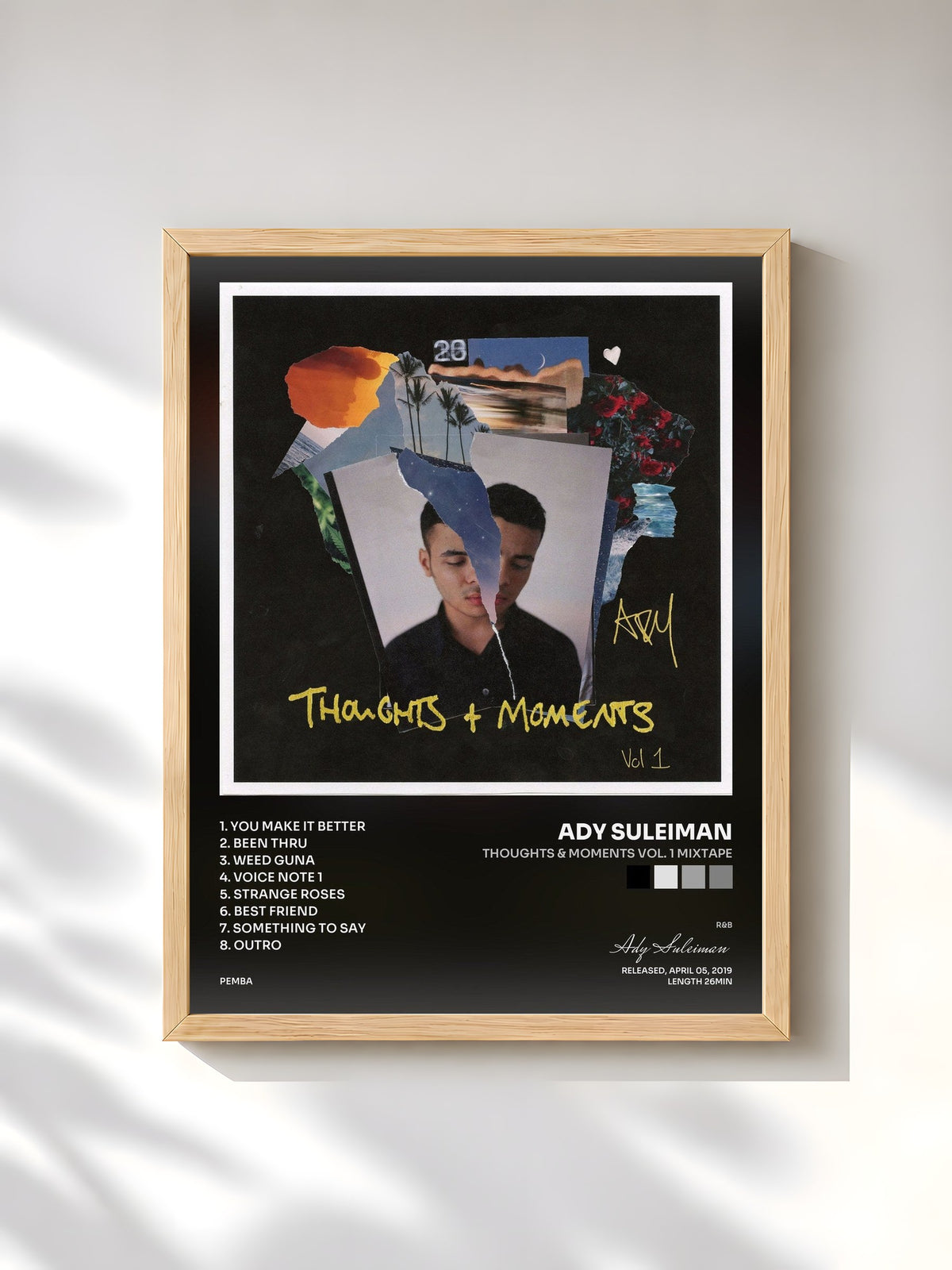 #bois Tableau de l'album Thoughts & Moments Vol. 1 Mixtape de Ady Suleiman, cadre en bois brut, imprimé et encadré en France