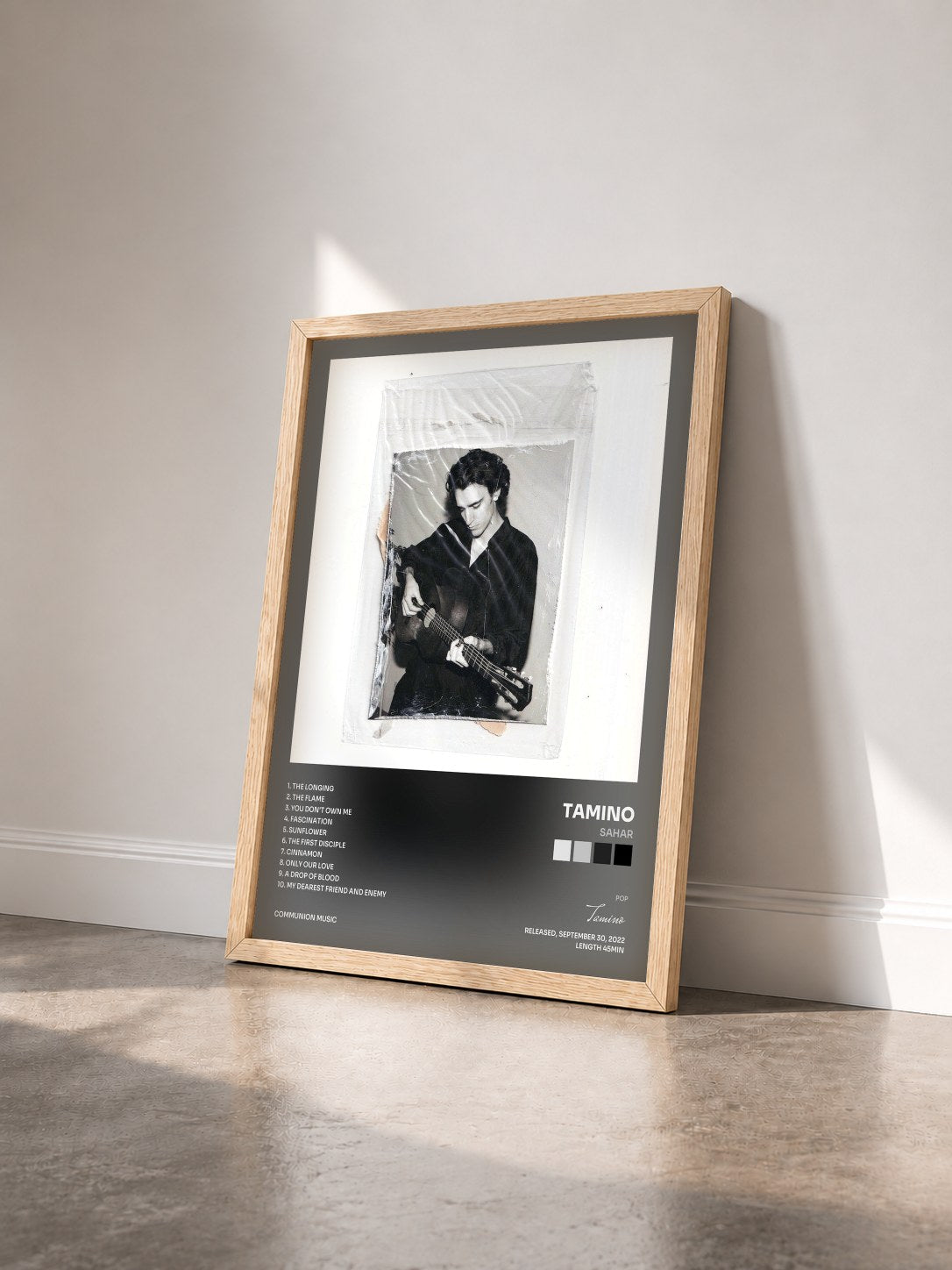 #bois Tableau de l'album Sahar de Tamino vu de trois quarts, cadre en bois brut