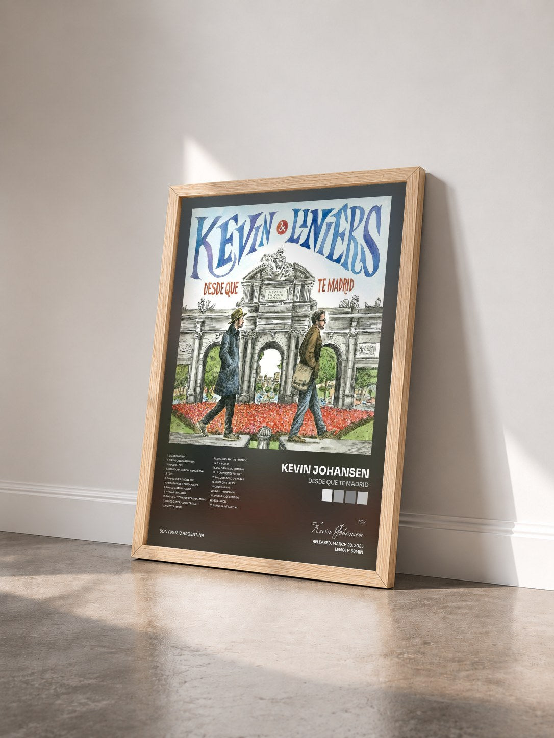 #bois Tableau de l'album Desde Que Te Madrid de Kevin Johansen vu de trois quarts, cadre en bois brut