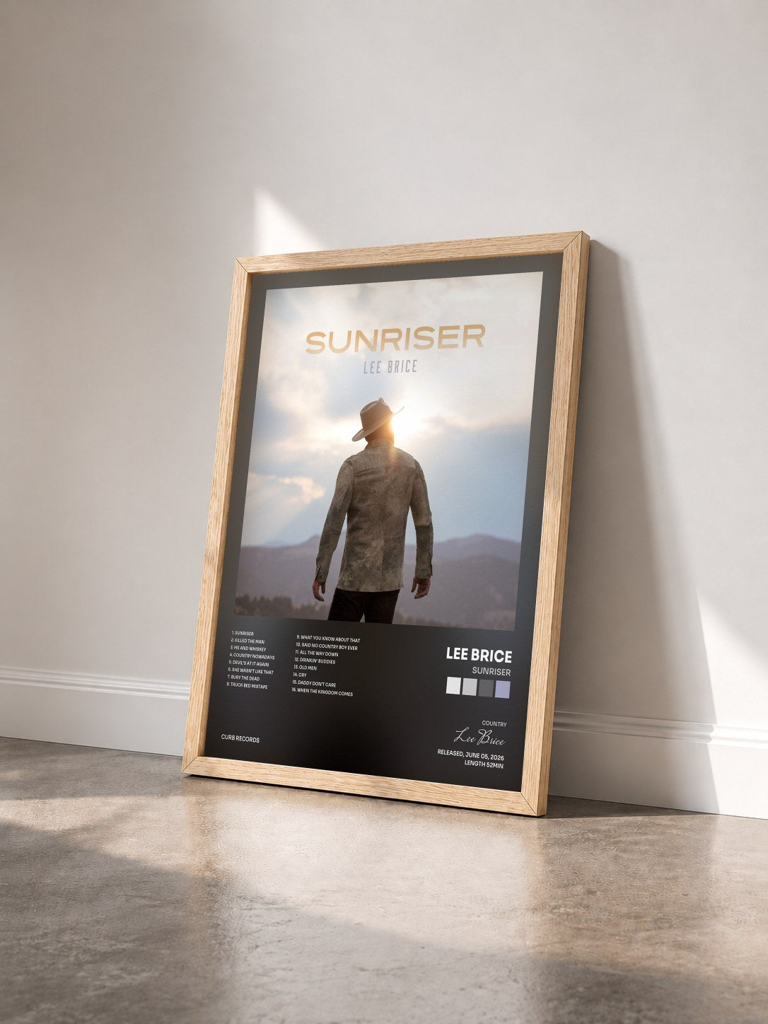 #bois Tableau de l'album Sunriser de Lee Brice vu de trois quarts, cadre en bois brut