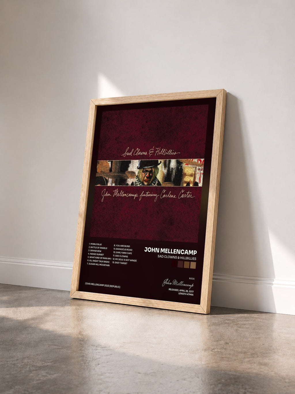 #bois Tableau de l'album Sad Clowns & Hillbillies de John Mellencamp vu de trois quarts, cadre en bois brut