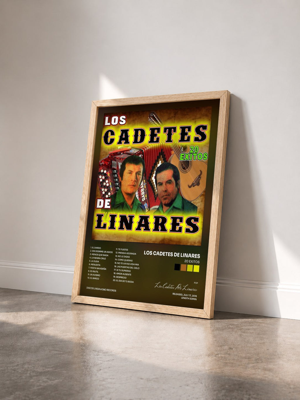 #bois Tableau de l'album 20 Exitos de Los Cadetes De Linares vu de trois quarts, cadre en bois brut
