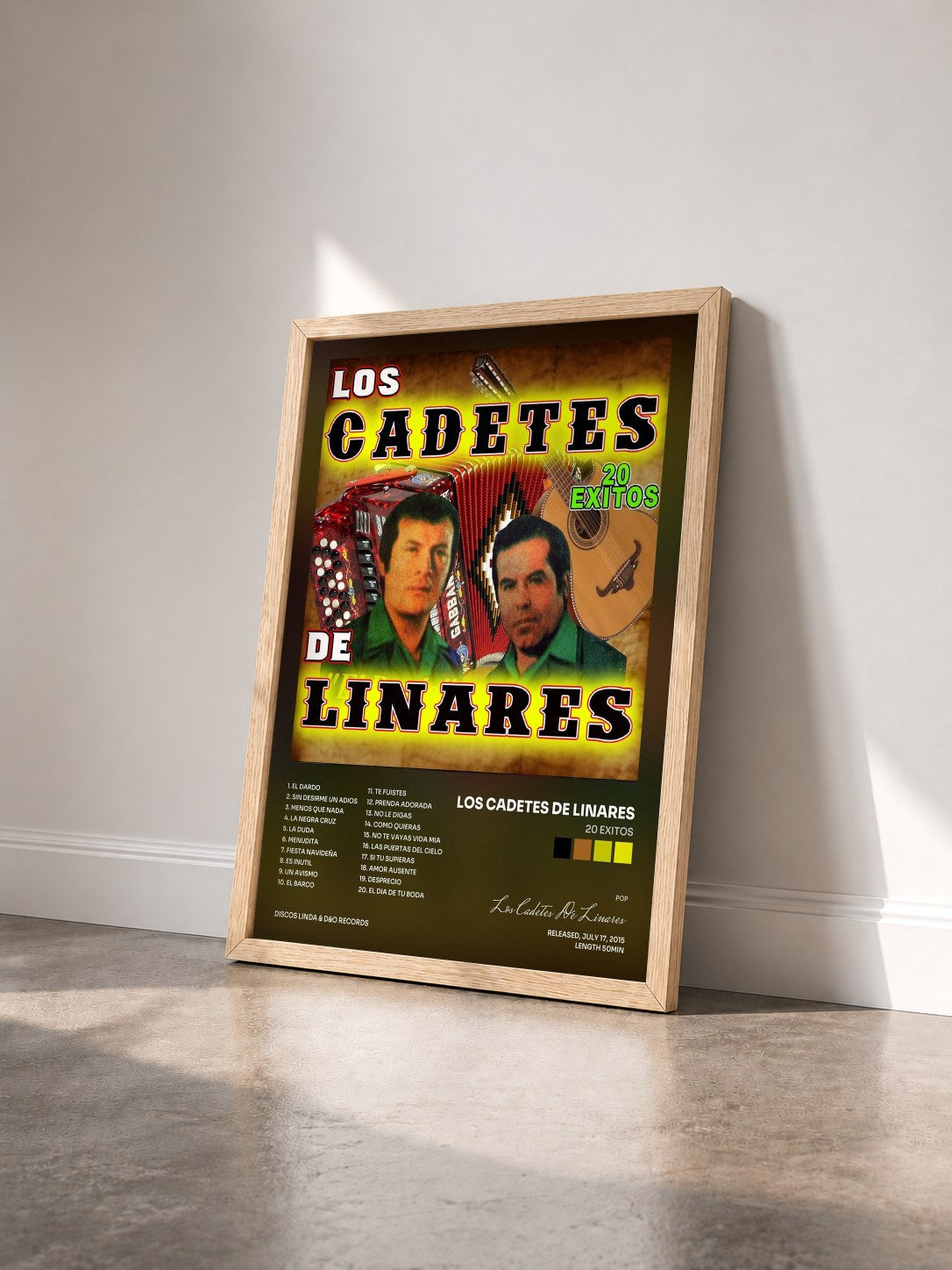 #bois Tableau de l'album 20 Exitos de Los Cadetes De Linares vu de trois quarts, cadre en bois brut