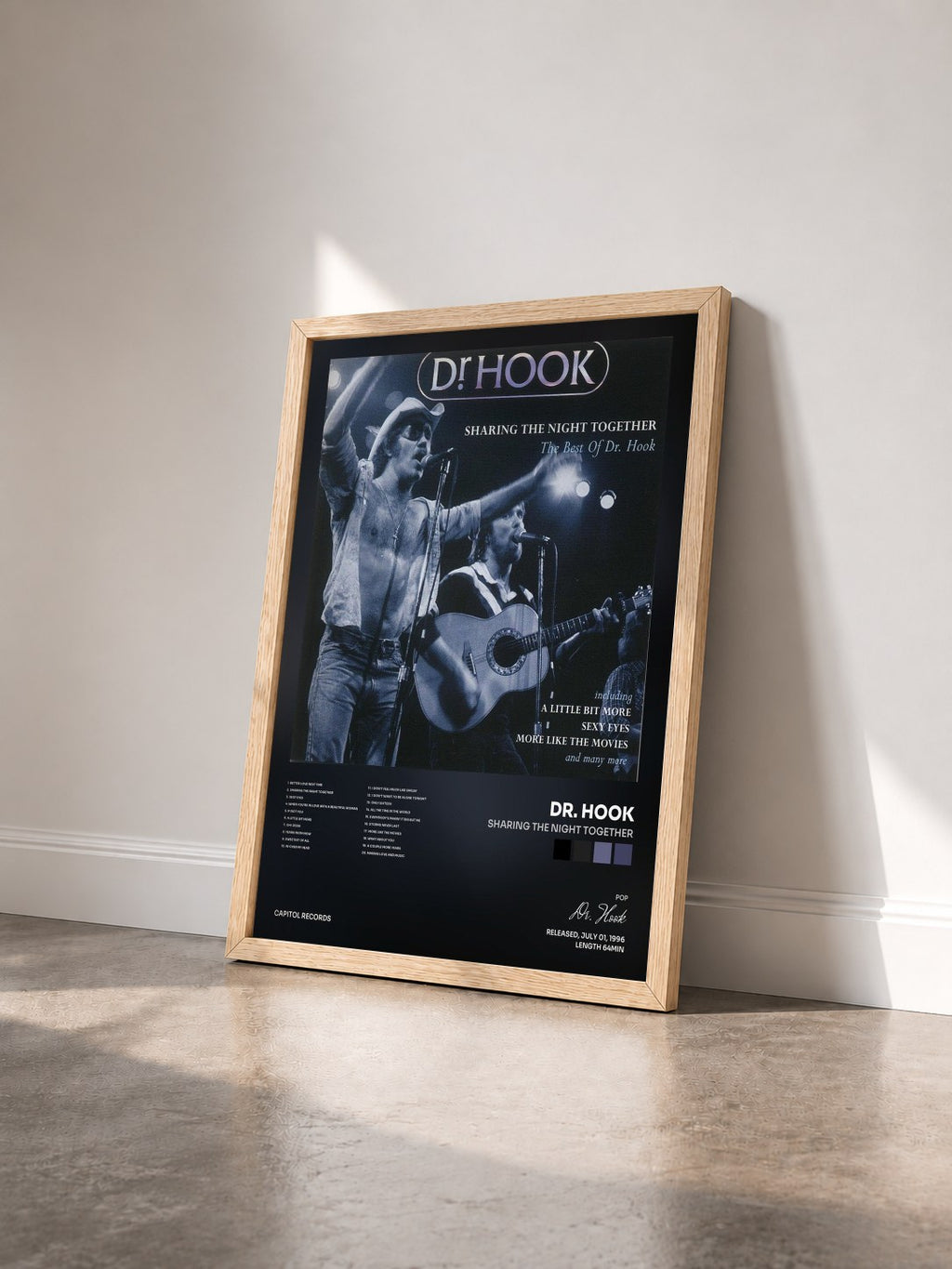 #bois Tableau de l'album Sharing The Night Together de Dr. Hook vu de trois quarts, cadre en bois brut