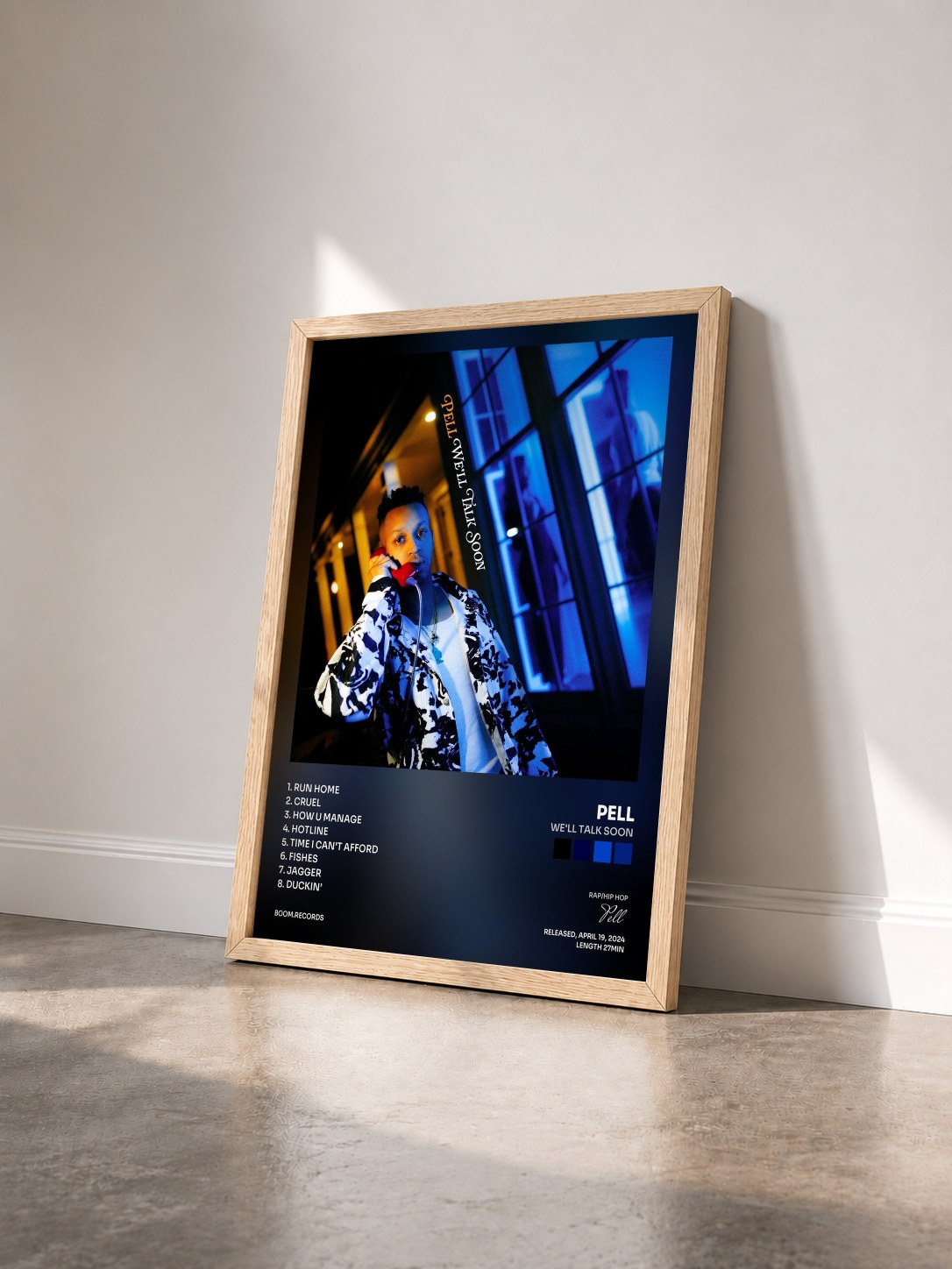 #bois Tableau de l'album We'll Talk Soon de Pell vu de trois quarts, cadre en bois brut