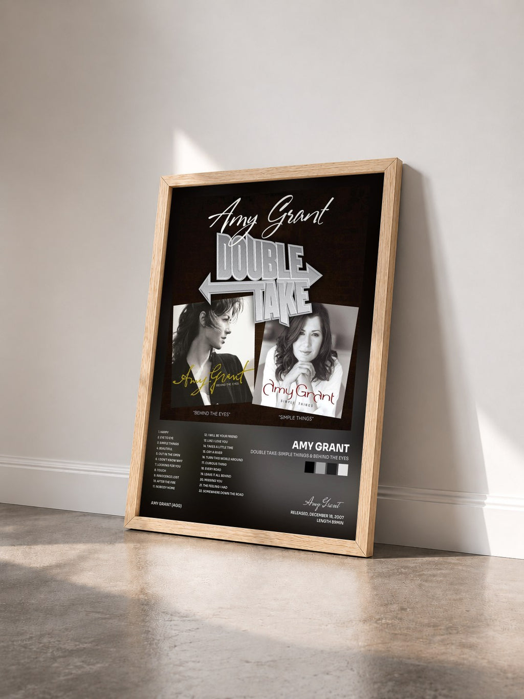 #bois Tableau de l'album Double Take: Simple Things & Behind The Eyes de Amy Grant vu de trois quarts, cadre en bois brut