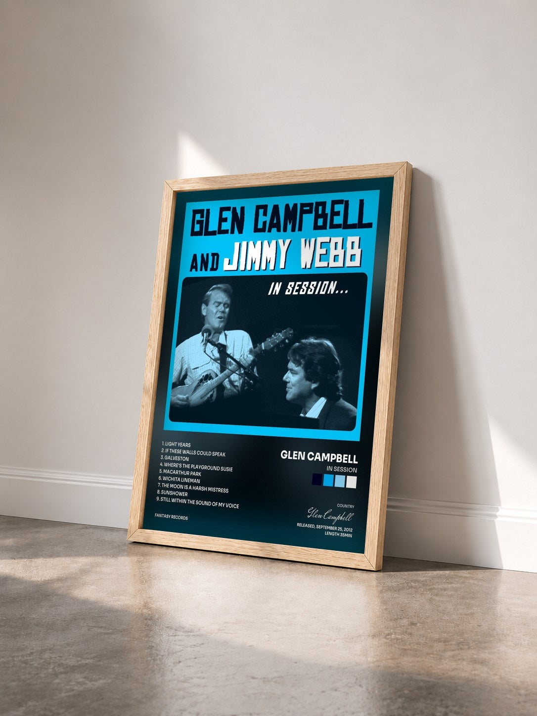 #bois Tableau de l'album In Session de Glen Campbell vu de trois quarts, cadre en bois brut