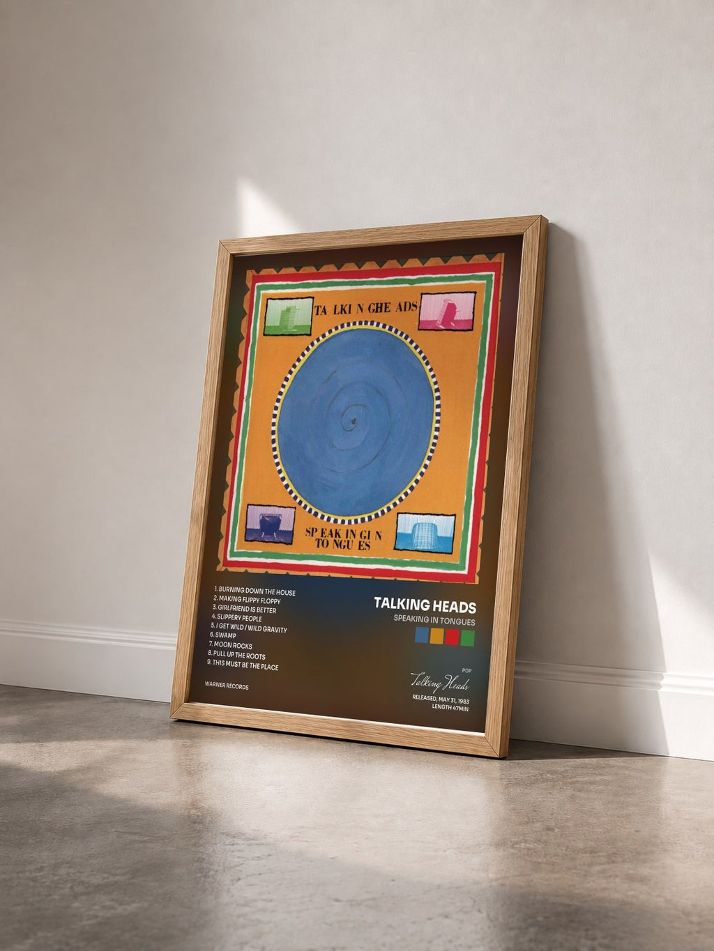 #bois Tableau de l'album Speaking in Tongues de Talking Heads vu de trois quarts, cadre en bois brut