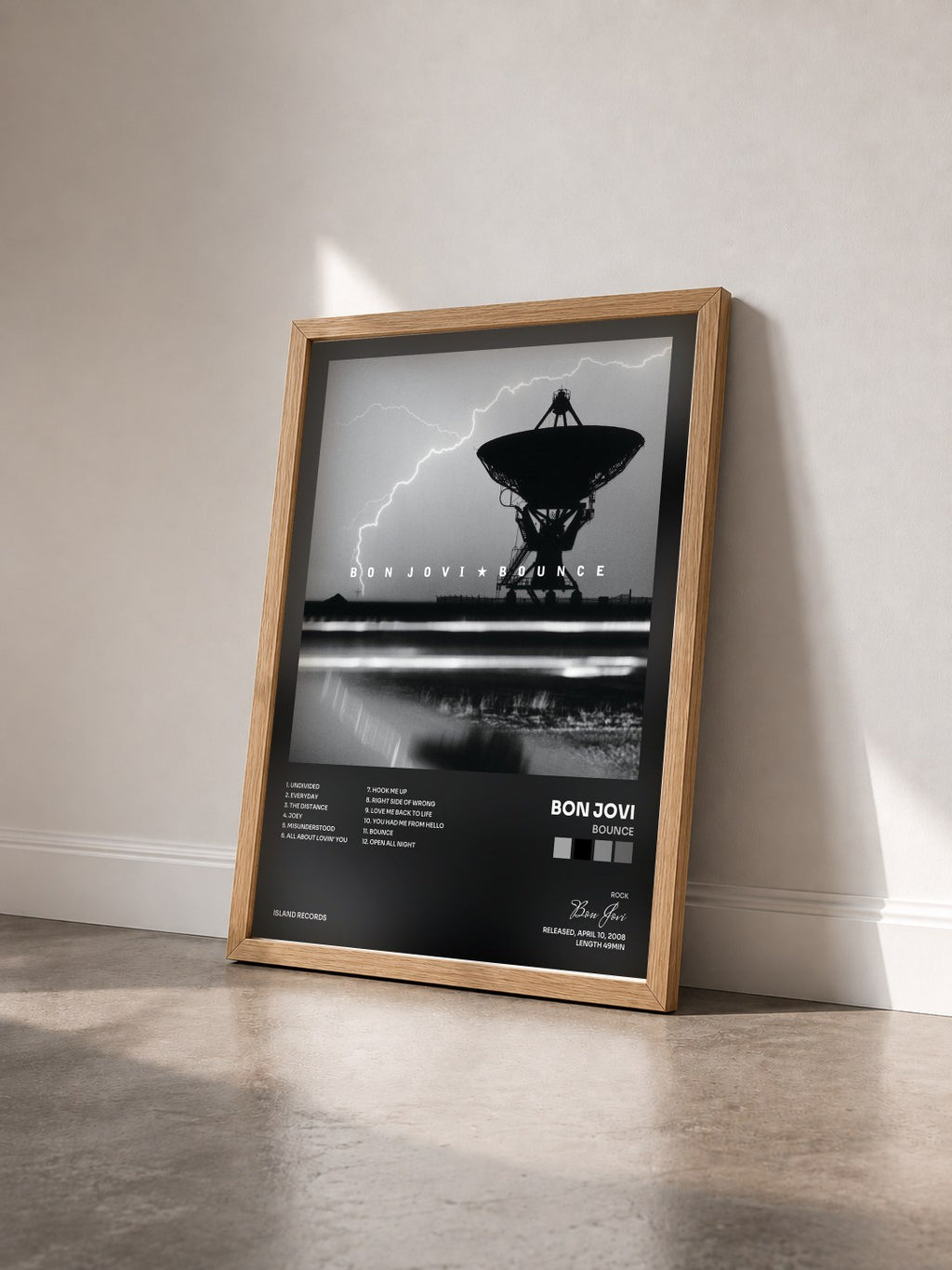 #bois Tableau de l'album Bounce de Bon Jovi vu de trois quarts, cadre en bois brut