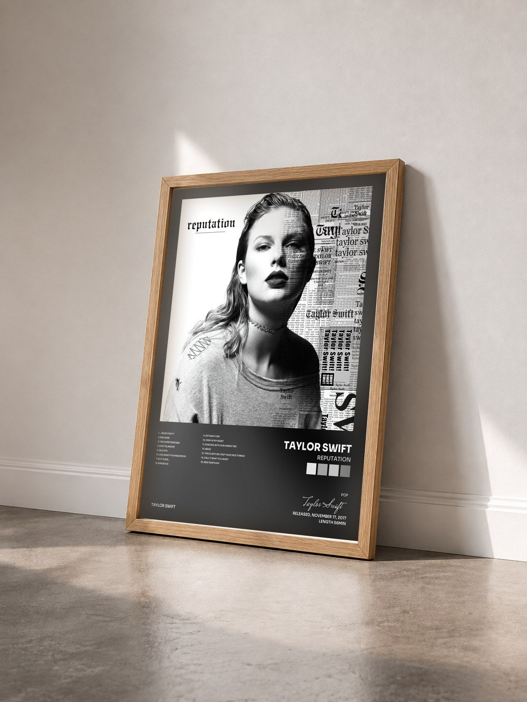#bois Tableau de l'album reputation de Taylor Swift vu de trois quarts, cadre en bois brut