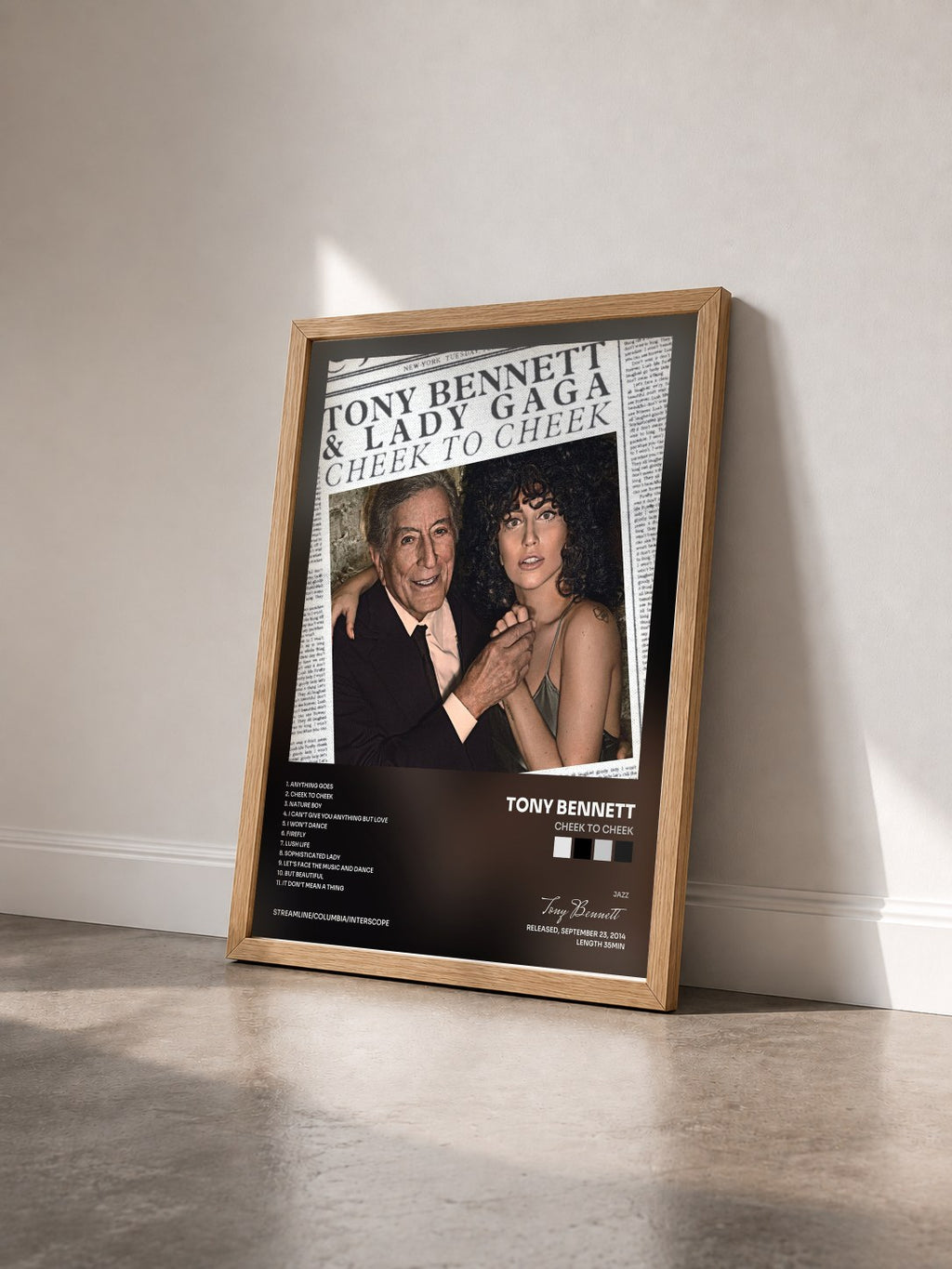 #bois Tableau de l'album Cheek To Cheek de Tony Bennett vu de trois quarts, cadre en bois brut