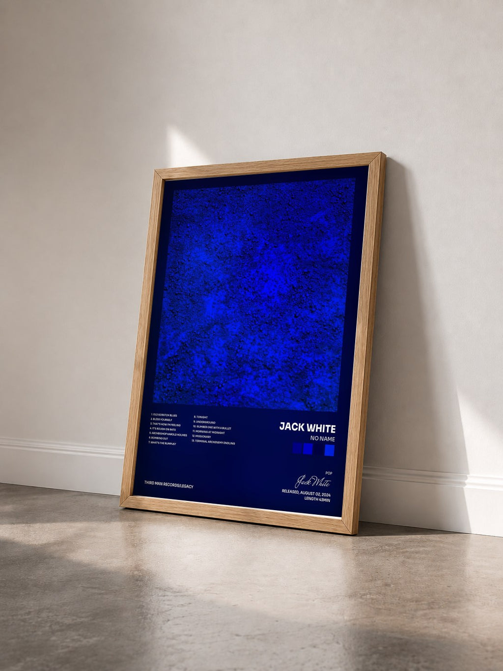 #bois Tableau de l'album No Name de Jack White vu de trois quarts, cadre en bois brut