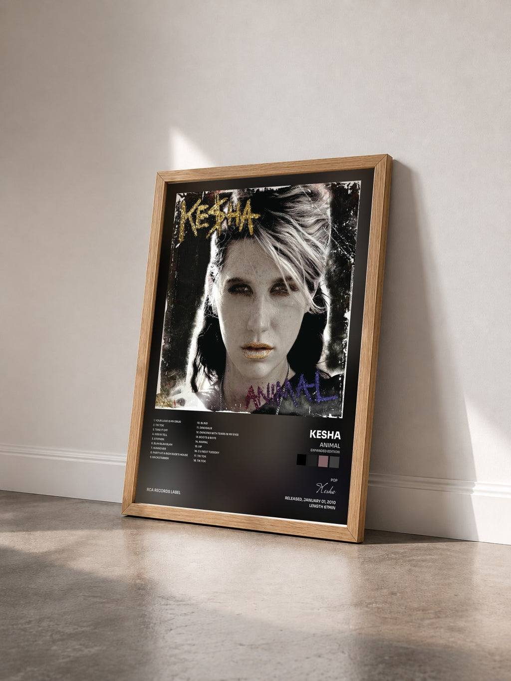 #bois Tableau de l'album Animal (Expanded Edition) de Kesha vu de trois quarts, cadre en bois brut