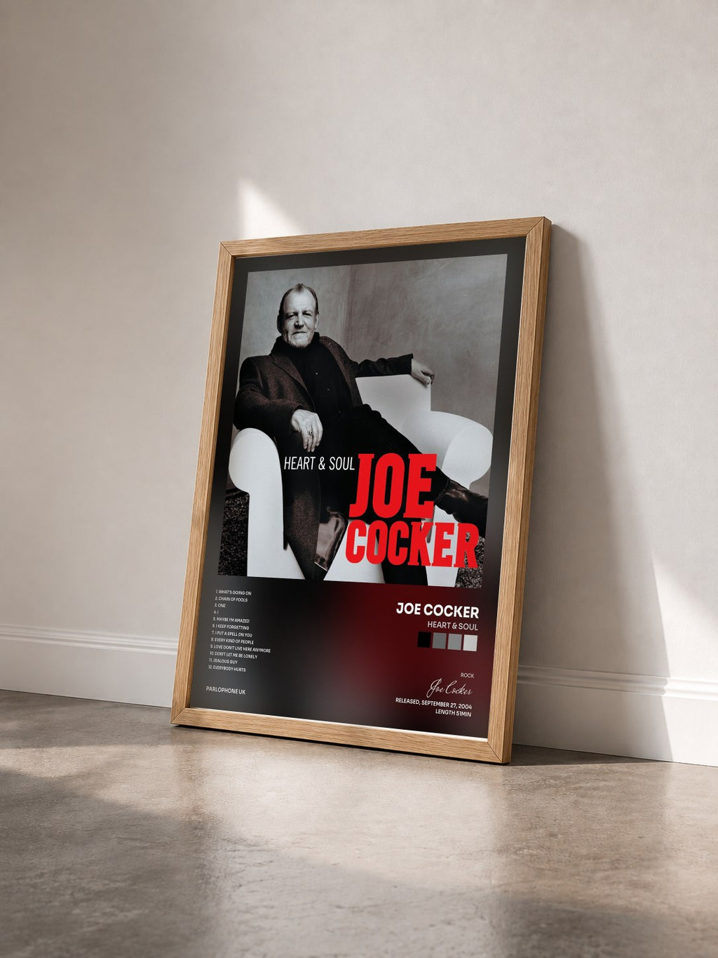 #bois Tableau de l'album Heart & Soul de Joe Cocker vu de trois quarts, cadre en bois brut