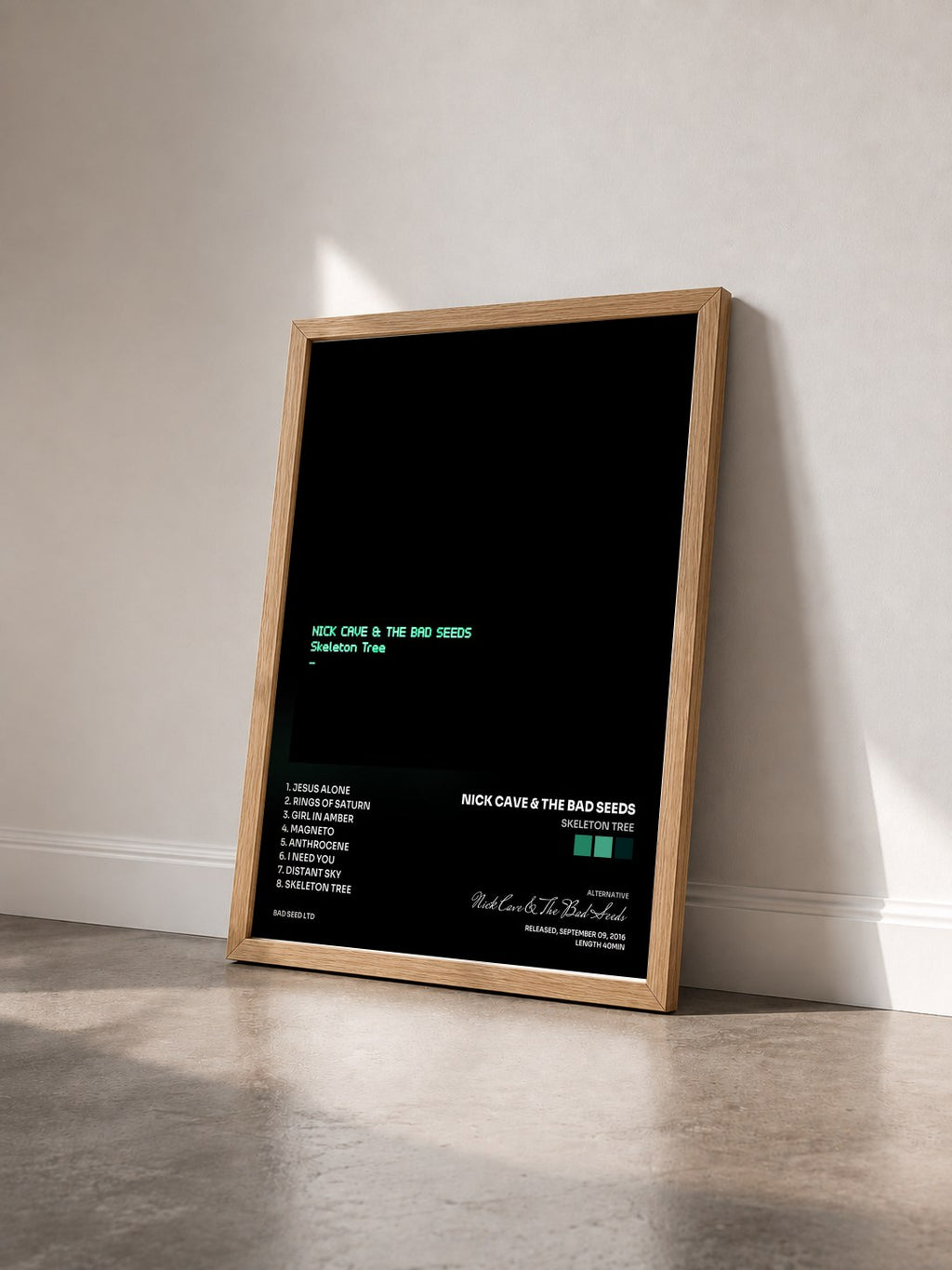 #bois Tableau de l'album Skeleton Tree de Nick Cave & The Bad Seeds vu de trois quarts, cadre en bois brut