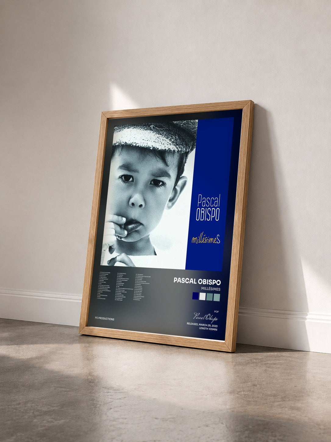 #bois Tableau de l'album MillésimeS de Pascal Obispo vu de trois quarts, cadre en bois brut