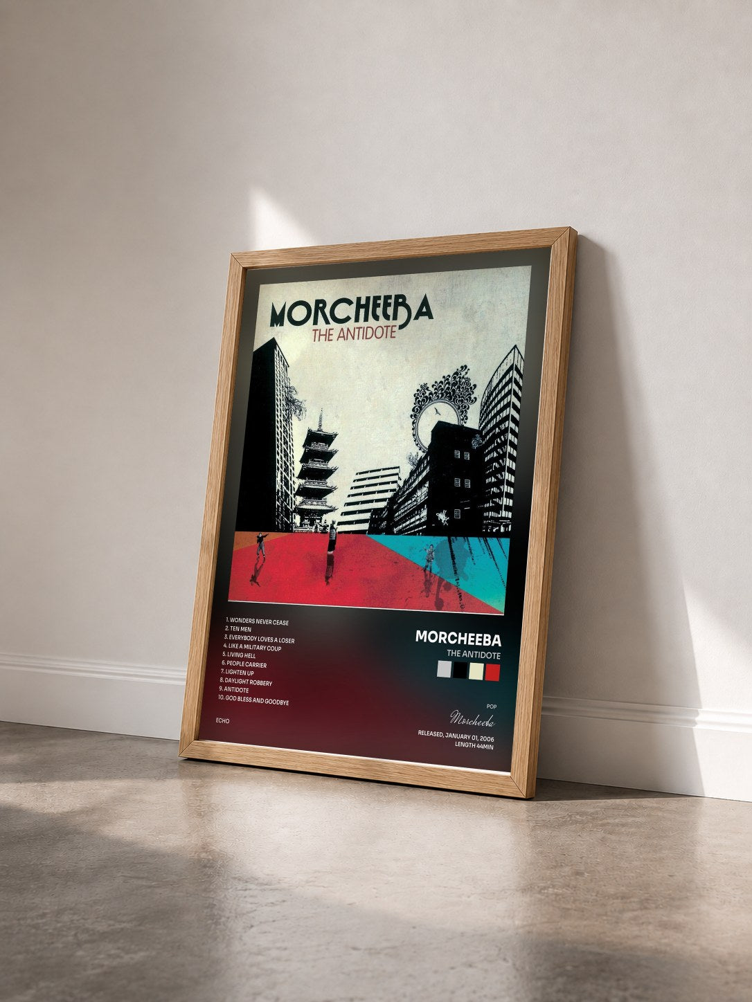 #bois Tableau de l'album The Antidote de Morcheeba vu de trois quarts, cadre en bois brut