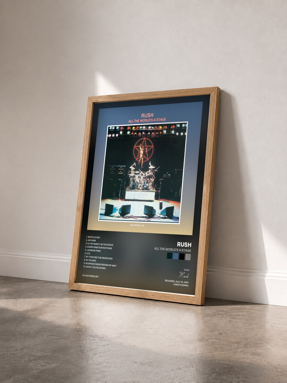 #bois Tableau de l'album All The World's A Stage de Rush vu de trois quarts, cadre en bois brut