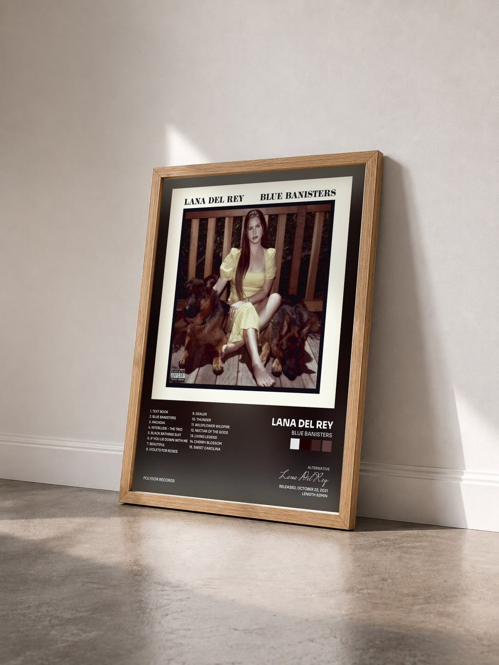 #bois Tableau de l'album Blue Banisters de Lana Del Rey vu de trois quarts, cadre en bois brut