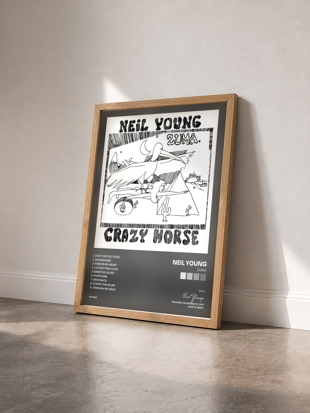 #bois Tableau de l'album Zuma de Neil Young vu de trois quarts, cadre en bois brut