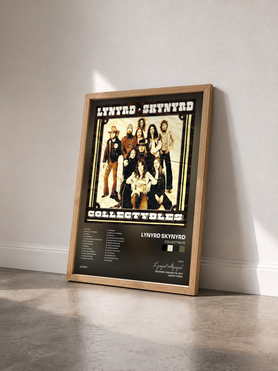 #bois Tableau de l'album Collectybles de Lynyrd Skynyrd vu de trois quarts, cadre en bois brut