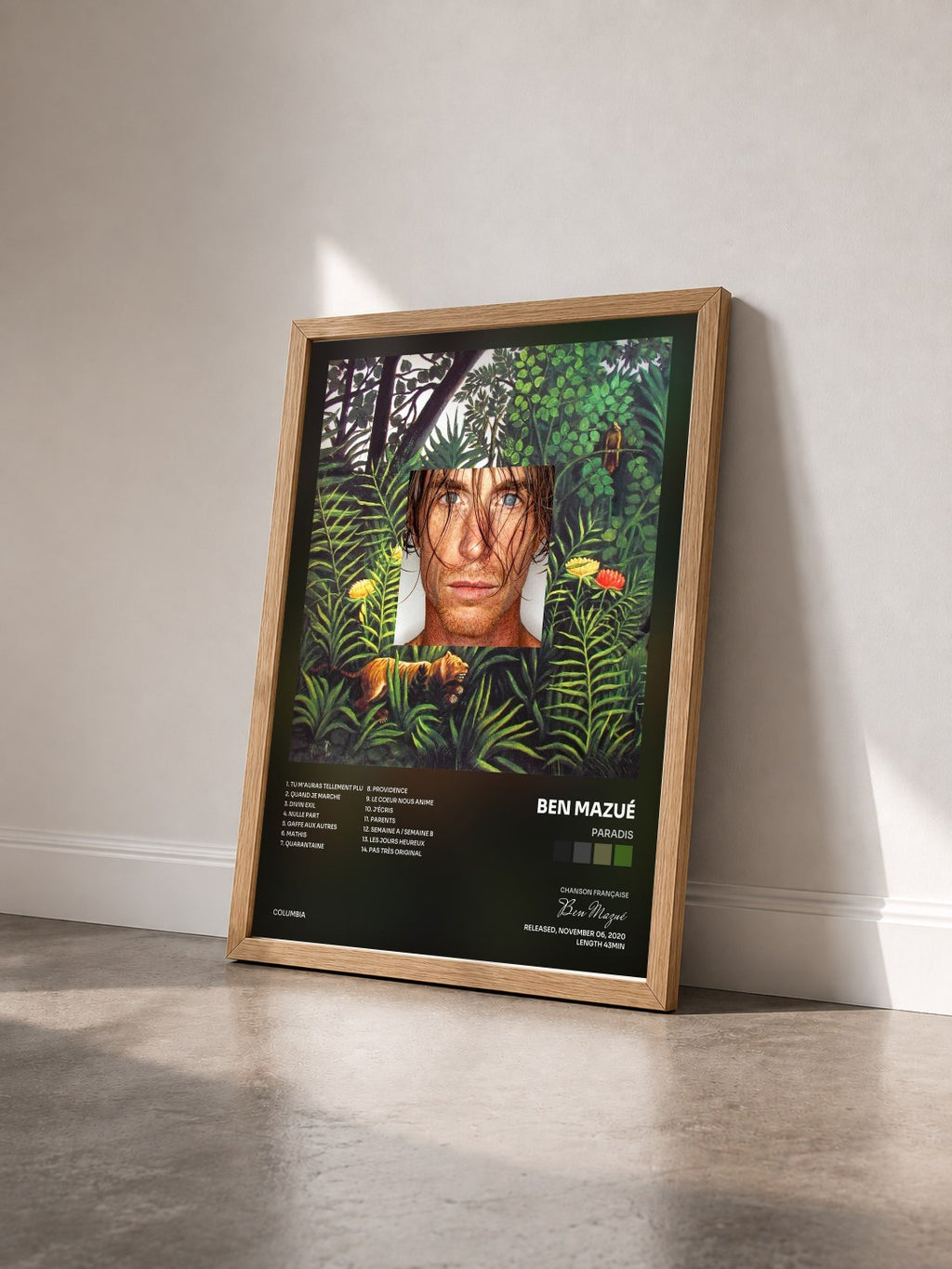 #bois Tableau de l'album Paradis de Ben Mazué vu de trois quarts, cadre en bois brut