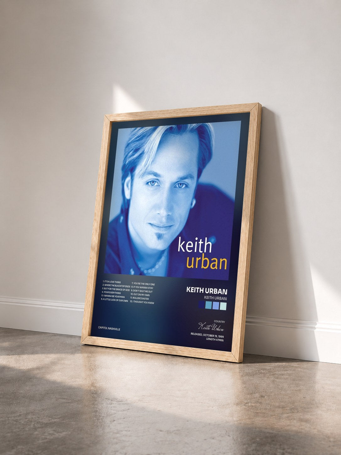 #bois Tableau de l'album Keith Urban de Keith Urban vu de trois quarts, cadre en bois brut