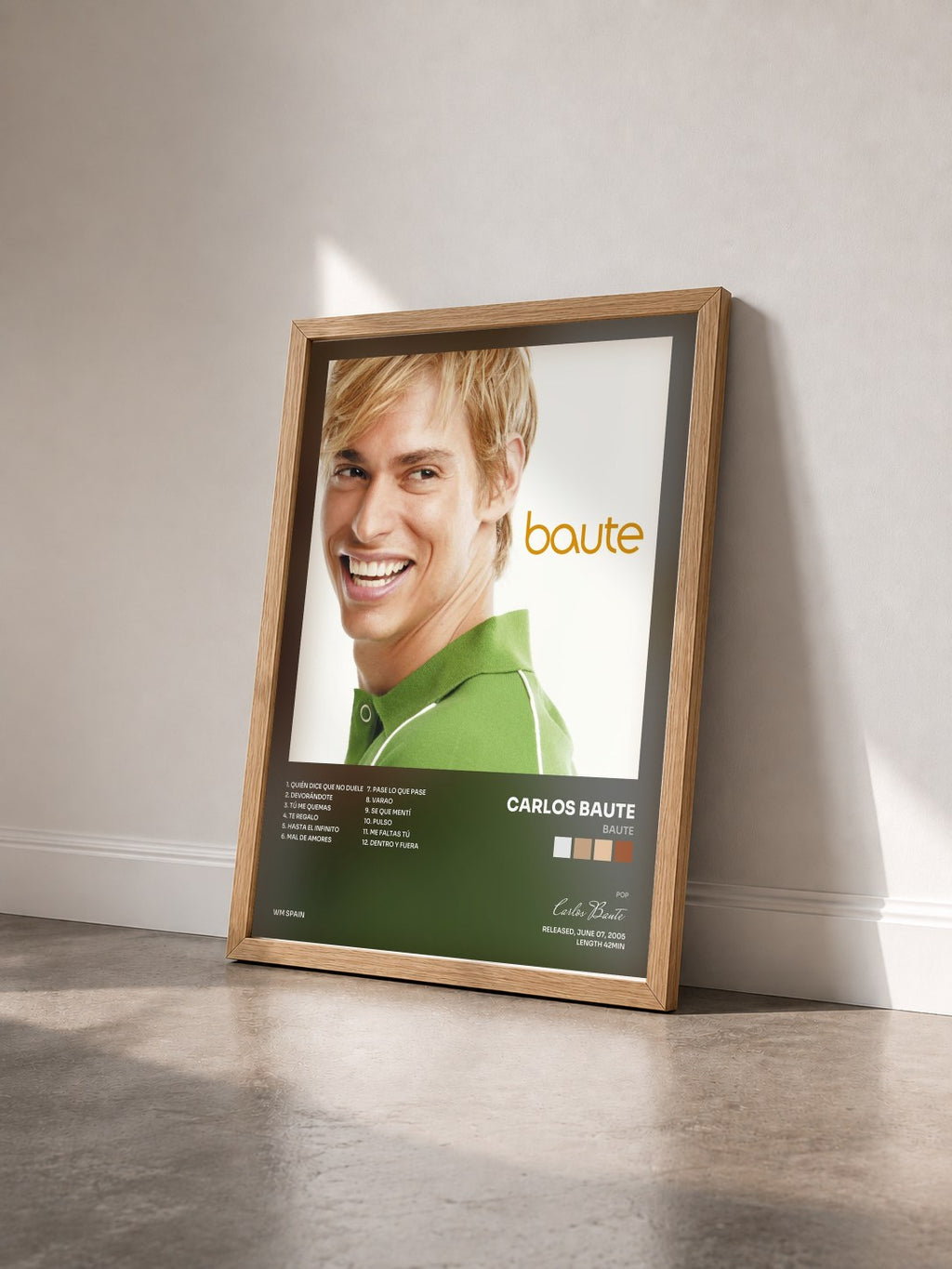 #bois Tableau de l'album Baute de Carlos Baute vu de trois quarts, cadre en bois brut