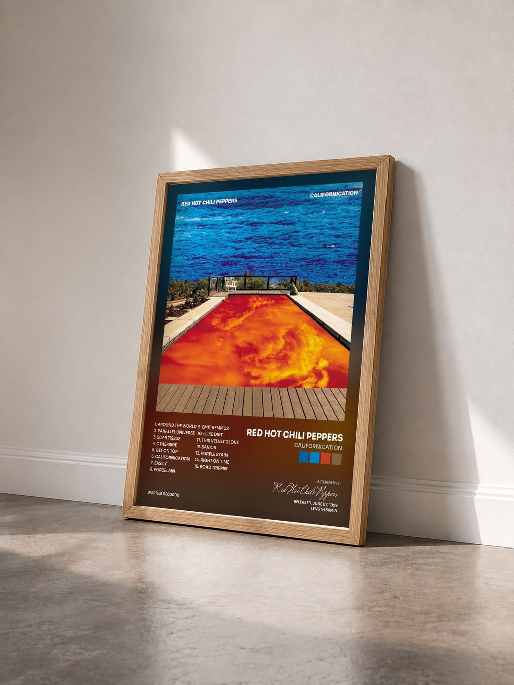 #bois Tableau de l'album Californication de Red Hot Chili Peppers vu de trois quarts, cadre en bois brut