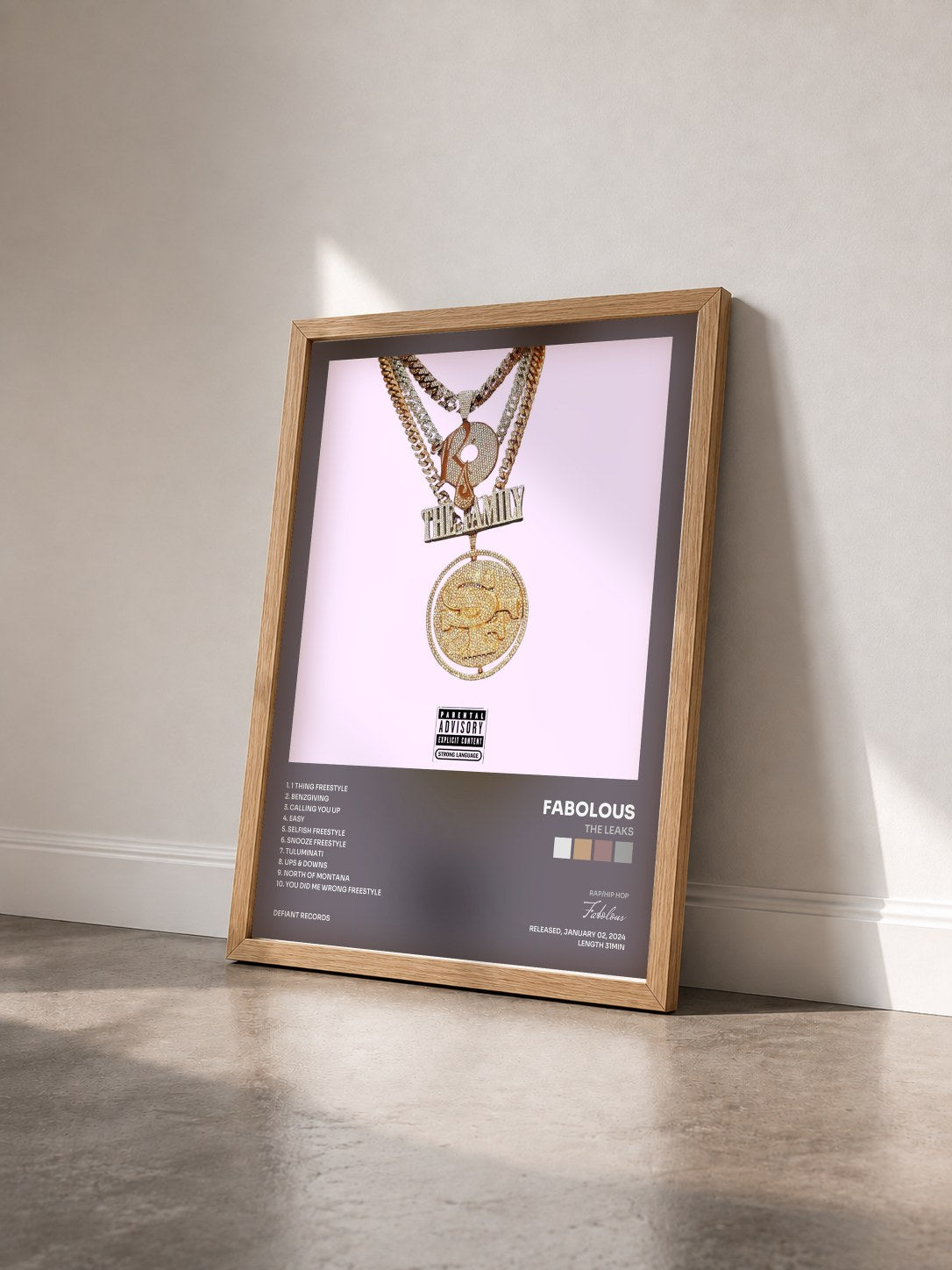 #bois Tableau de l'album The Leaks de Fabolous vu de trois quarts, cadre en bois brut