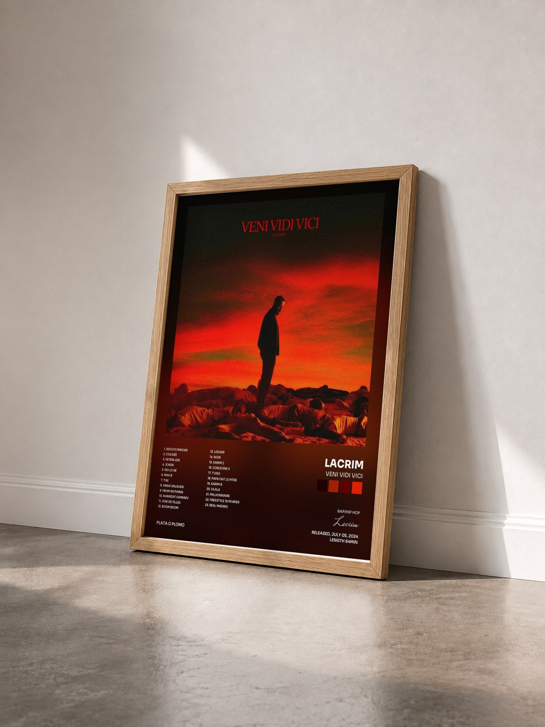 #bois Tableau de l'album VENI VIDI VICI de Lacrim vu de trois quarts, cadre en bois brut
