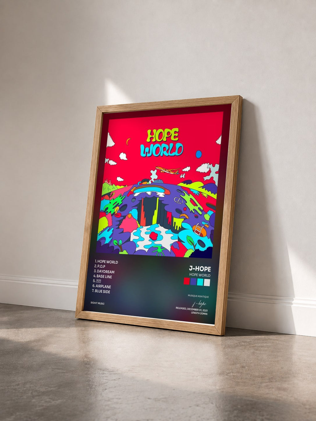 #bois Tableau de l'album Hope World de j-hope vu de trois quarts, cadre en bois brut