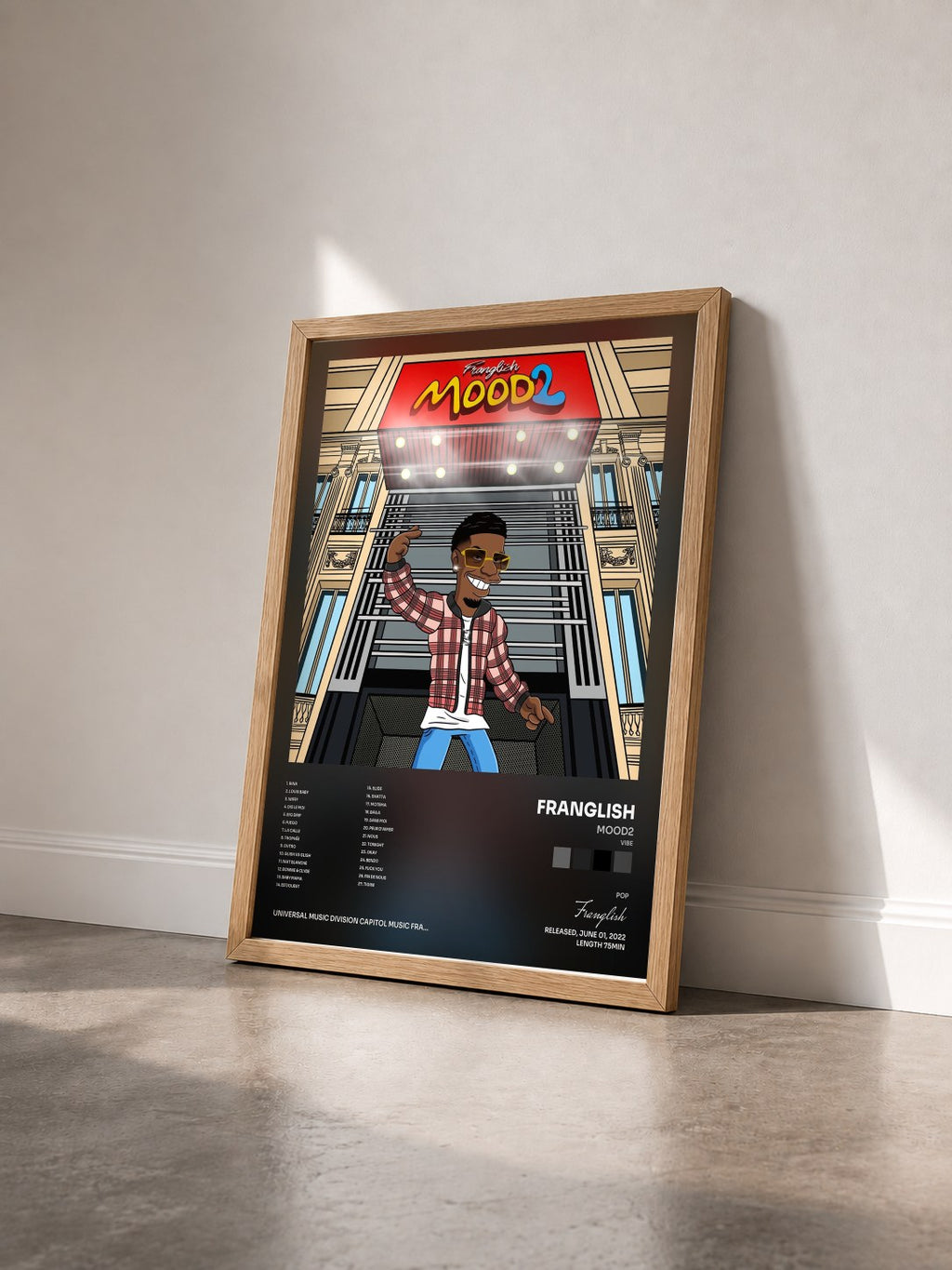 #bois Tableau de l'album MOOD2 (Vibe) de Franglish vu de trois quarts, cadre en bois brut