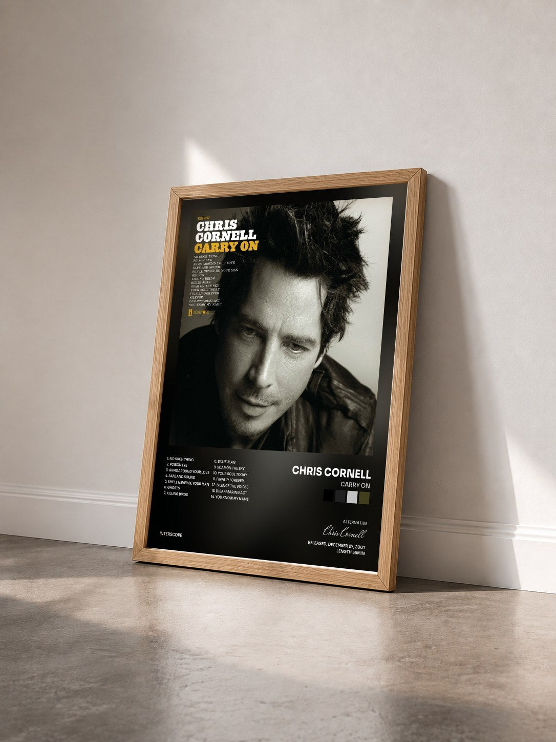 #bois Tableau de l'album Carry On de Chris Cornell vu de trois quarts, cadre en bois brut