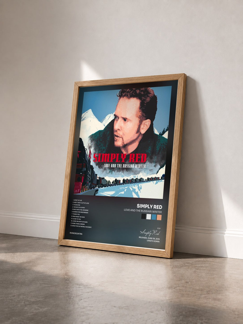 #bois Tableau de l'album Love and the Russian Winter de Simply Red vu de trois quarts, cadre en bois brut