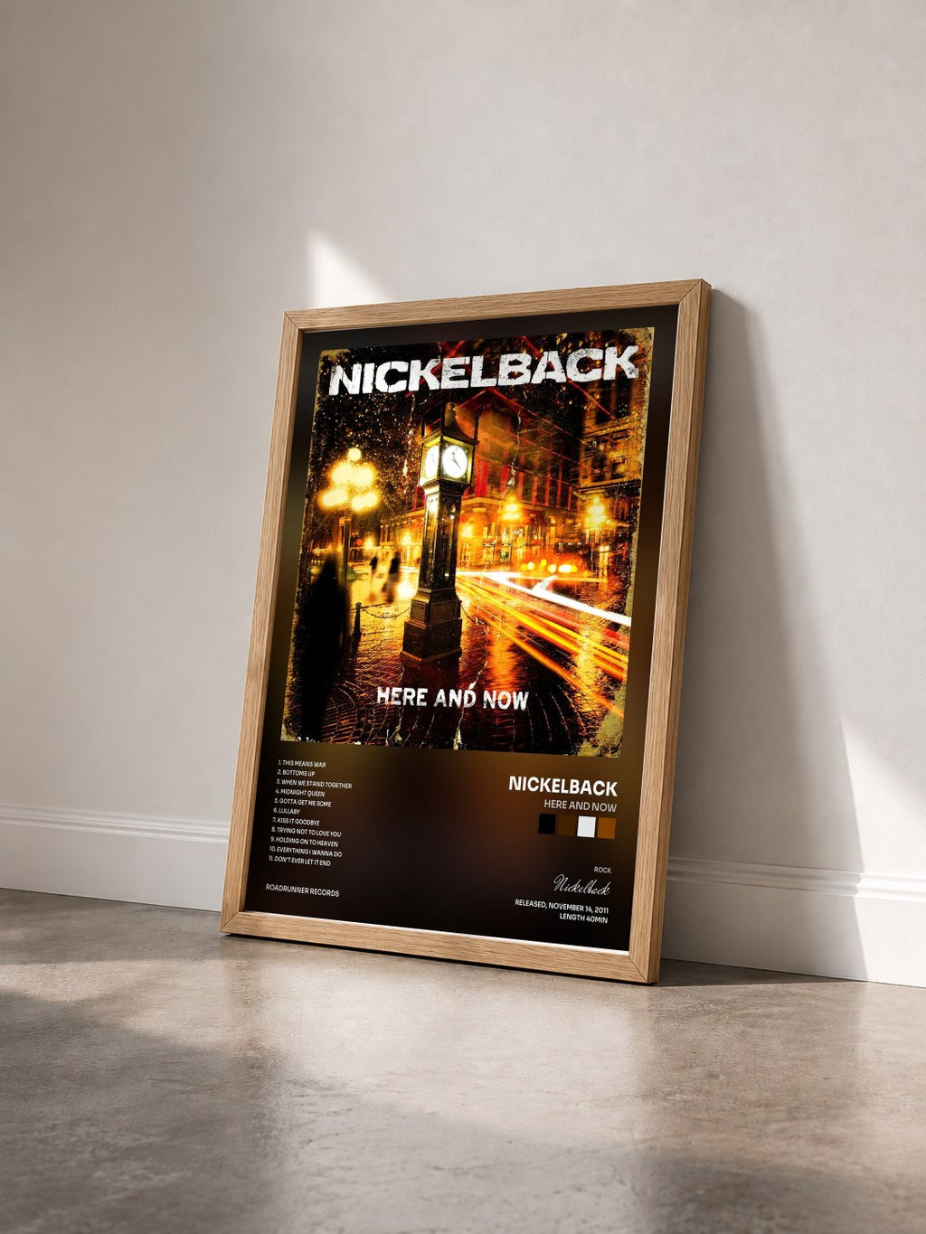 #bois Tableau de l'album Here and Now de Nickelback vu de trois quarts, cadre en bois brut