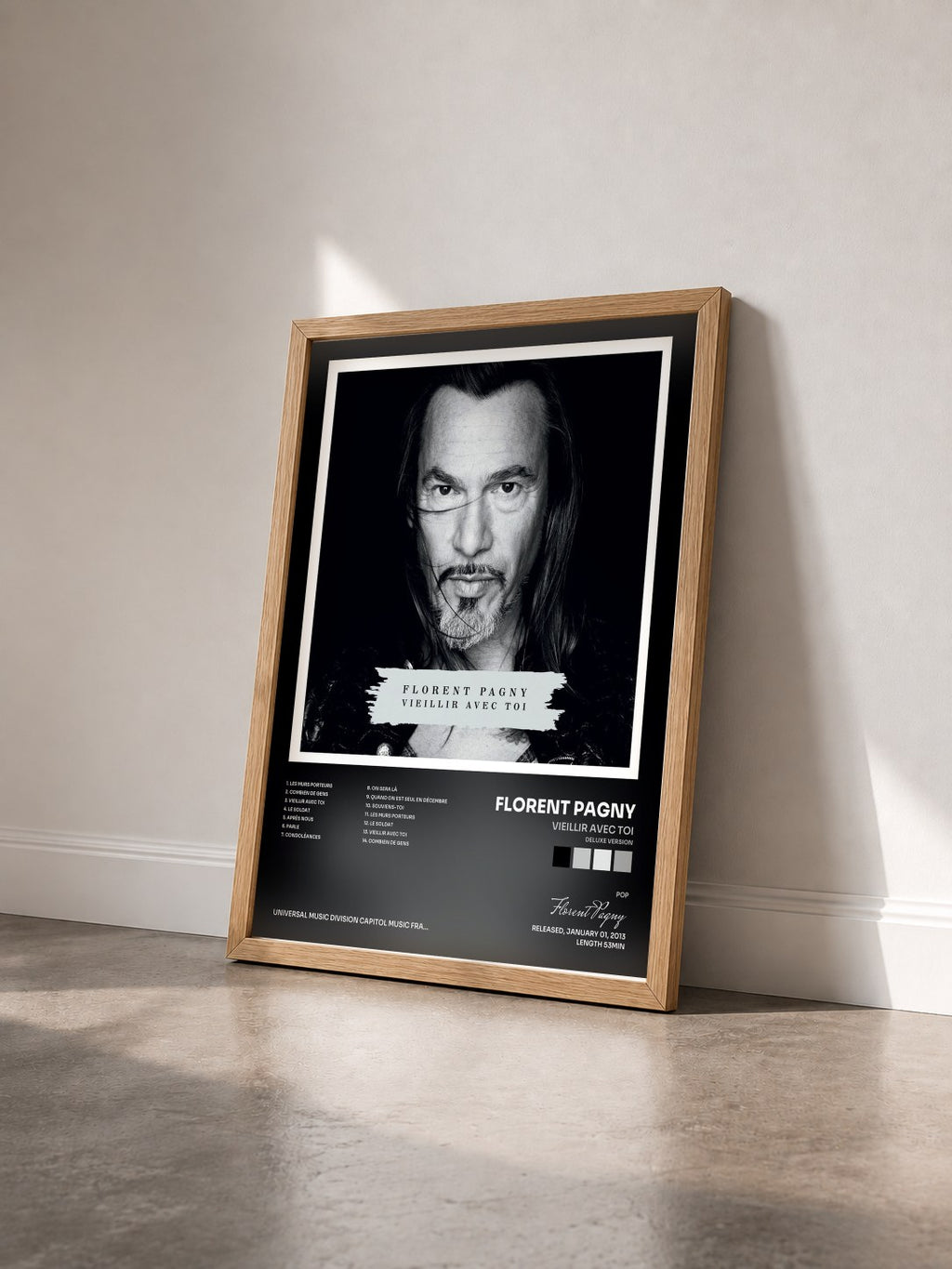 #bois Tableau de l'album Vieillir Avec Toi (Deluxe Version) de Florent Pagny vu de trois quarts, cadre en bois brut