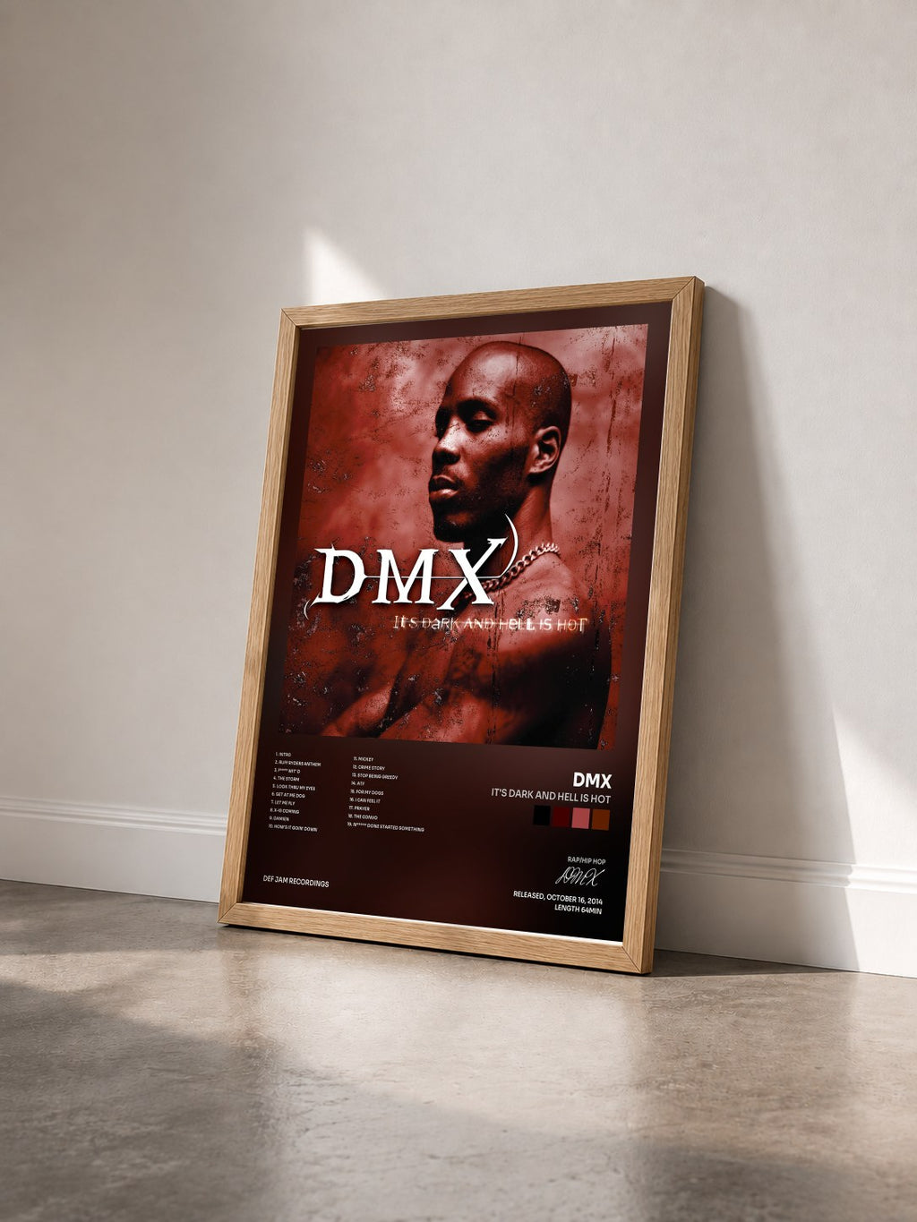 #bois Tableau de l'album It's Dark And Hell Is Hot de DMX vu de trois quarts, cadre en bois brut