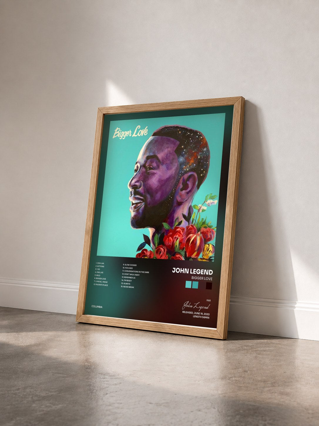 #bois Tableau de l'album Bigger Love de John Legend vu de trois quarts, cadre en bois brut