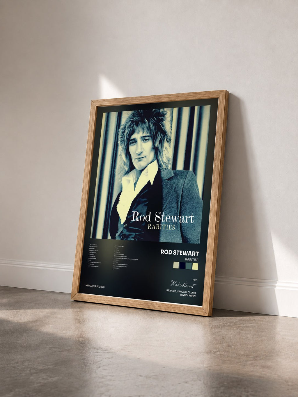 #bois Tableau de l'album Rarities de Rod Stewart vu de trois quarts, cadre en bois brut