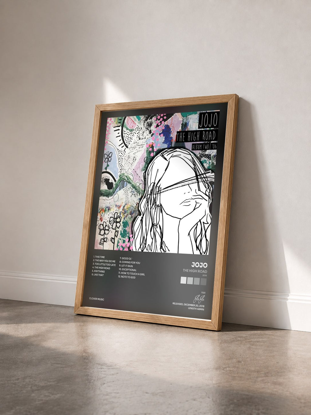 #bois Tableau de l'album The High Road (2018) de JoJo vu de trois quarts, cadre en bois brut