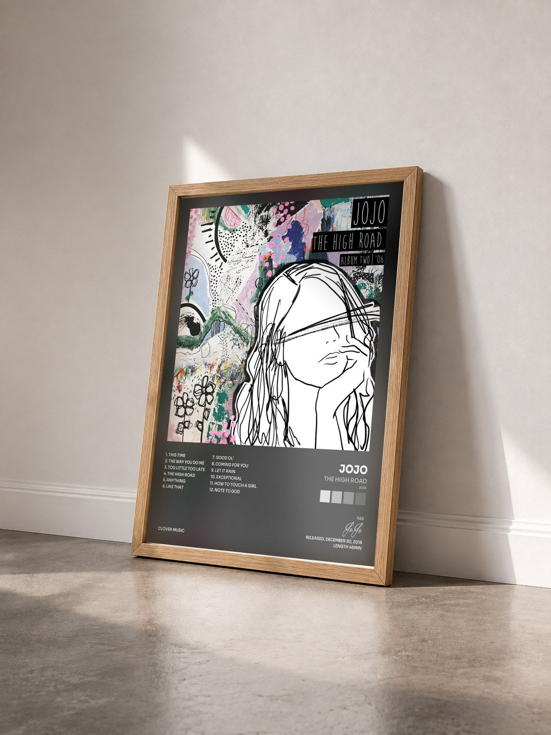 #bois Tableau de l'album The High Road (2018) de JoJo vu de trois quarts, cadre en bois brut